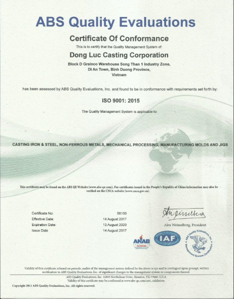 Chứng nhận ISO 9001:2015 - Đúc Đồng Lực - Công Ty Cổ Phần Cơ Khí Đồng Lực